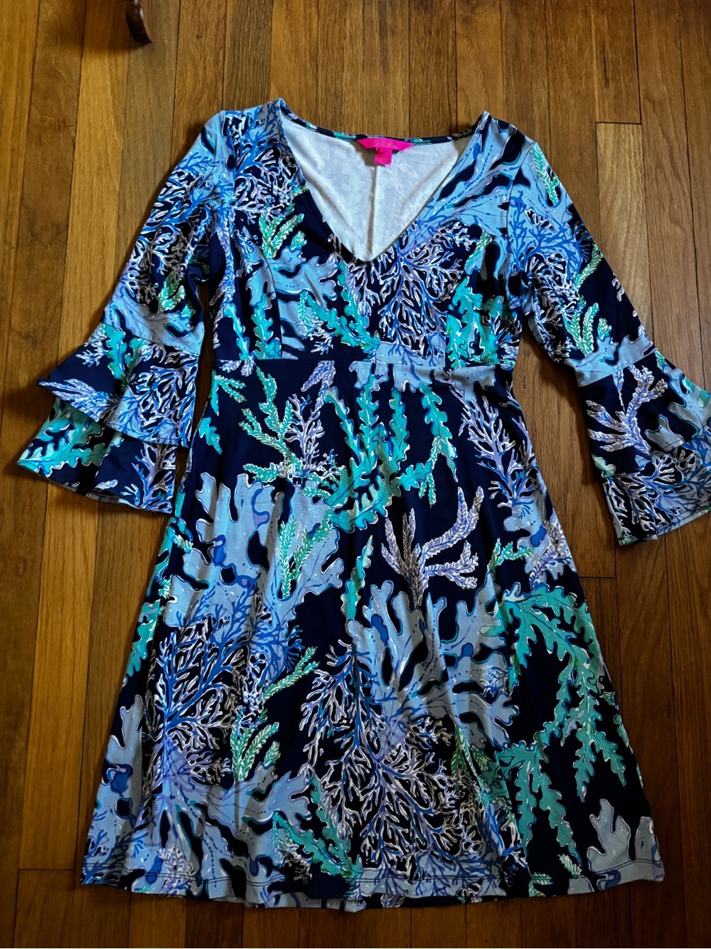 Lilly Pulitzer Navy, Light Blue & Teal Coral-Print V-Neck Dress